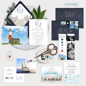 Montauk New York USA Watercolor Illustrated Destination Wedding Invitation Set Maritime Coastal Lighthouse Invitation Cards Deposit Payment