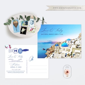 Santorini Greece Greek Island Save the Date Postcard Europe Watercolor Illustrated Destination Wedding Invitation Cards - PRINTED or DIGITAL