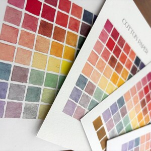 May include: Three white paper sheets featuring grids of watercolor swatches in a spectrum of colors including red, orange, yellow, green, blue, and purple. The sheets are labeled with the text COTTON PAPER and PEARL PAPER in black ink.