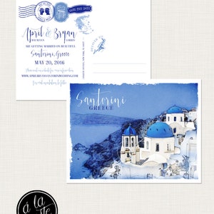 Invito per matrimonio a destinazione Santorini Grecia Isola greca Salva la data Cartolina Europa invito illustrato ad acquerello Pagamento del deposito