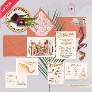 Puede incluir: Un conjunto de invitaciones de boda con una ilustraci&oacute;n en acuarela de un pueblo mexicano. El conjunto incluye invitaciones, tarjetas de confirmaci&oacute;n de asistencia, un mapa y sobres en tonos melocot&oacute;n y crema. Tambi&eacute;n se incluye un joyero y un plato decorativo.