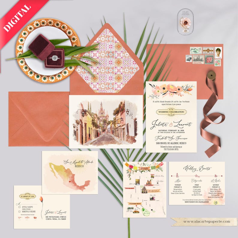 Puede incluir: Un conjunto de invitaciones de boda con una ilustraci&oacute;n en acuarela de un pueblo mexicano. El conjunto incluye invitaciones, tarjetas de confirmaci&oacute;n de asistencia, un mapa y sobres en tonos melocot&oacute;n y crema. Tambi&eacute;n se incluye un joyero y un plato decorativo.