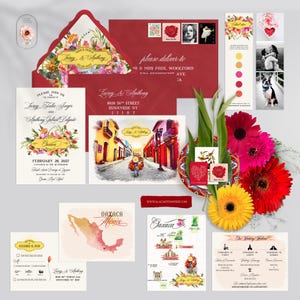 Mexiko Oaxaca Ziel Hochzeiteinladung Set Aquarell Illustriert Traditionelle mexikanische Hochzeit laden Blumenterrakotta Anzahlung ein