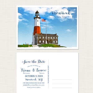 Convite para casamento no destino Montauk Nova York aquarela ilustrada Save the Date cartão postal desenho de esboço de farol - Pagamento de depósito
