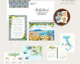 Naples Napoli Italy Amalfi Watercolor Illustrated Italian Destination Wedding Invitation set Lemons Mediterranean wedding Deposit Payment