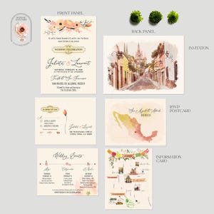 Puede incluir: Un conjunto de papeler&iacute;a de boda, que incluye una invitaci&oacute;n, una postal RSVP y una tarjeta de informaci&oacute;n. La invitaci&oacute;n presenta detalles florales y detalles del evento. La tarjeta RSVP incluye un mapa de M&eacute;xico. La tarjeta de informaci&oacute;n tiene un mapa.