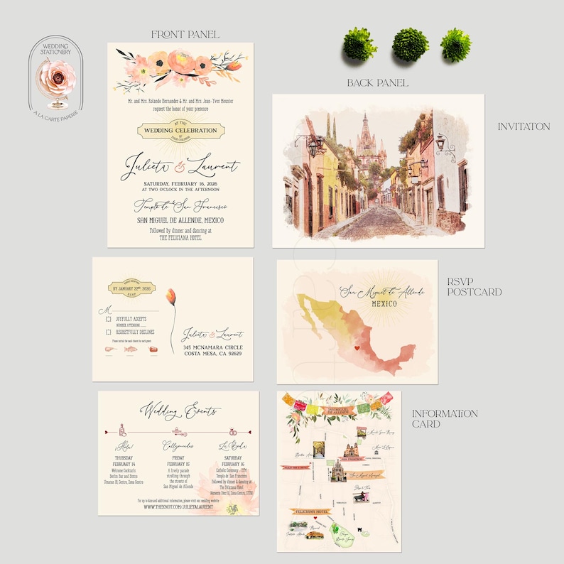 Puede incluir: Un conjunto de papeler&iacute;a de boda, que incluye una invitaci&oacute;n, una postal RSVP y una tarjeta de informaci&oacute;n. La invitaci&oacute;n presenta detalles florales y detalles del evento. La tarjeta RSVP incluye un mapa de M&eacute;xico. La tarjeta de informaci&oacute;n tiene un mapa.