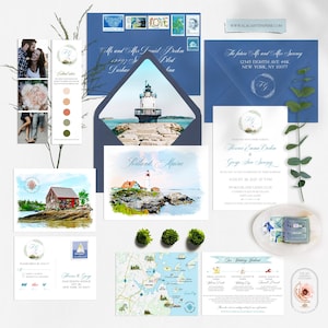 Portland Maine Destination Wedding Invitation Set coastal wedding lighthouse and watercolor illustrations map - Deposit Payment