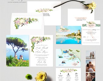 Ravello Amalfi Coast Italy Destination Wedding Invitation bilingual Italian Watercolor Illustrated map - Deposit Payment