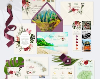 Kauai Hawaii Watercolor Wedding Invitation Suite: Tropical Floral Beach Design (Deposit)