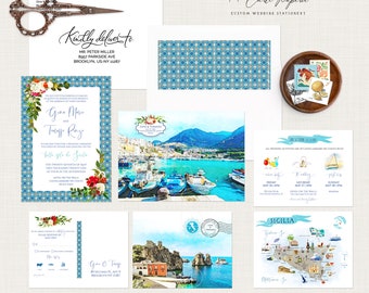 Sicily Castellammare del Golfo Italy Italian Sicilian Destination wedding invitation set watercolor illustrations map - Deposit Payment