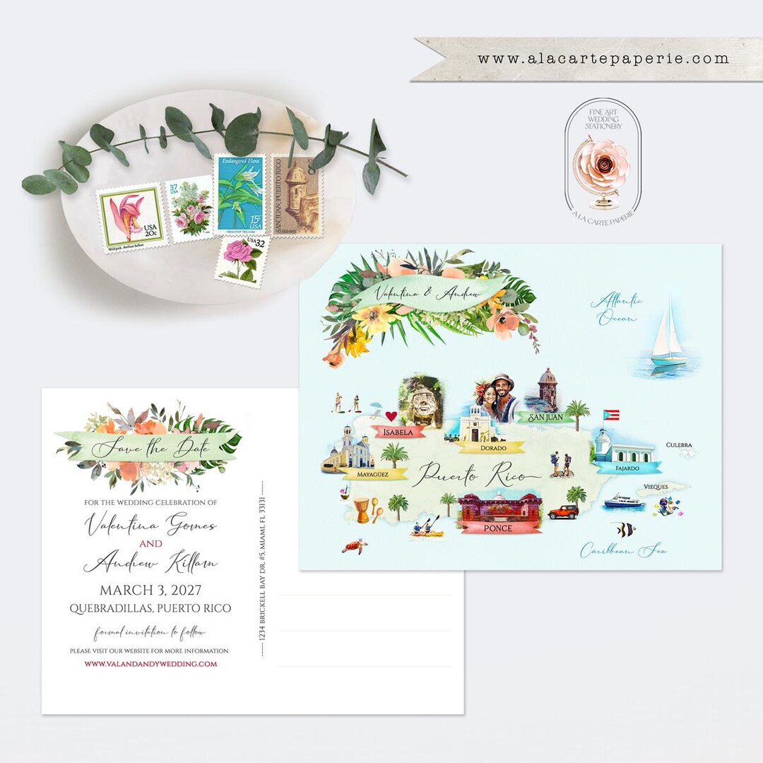 Illustrated Map of Puerto Rico Save the Date Card Puerto Rican ...