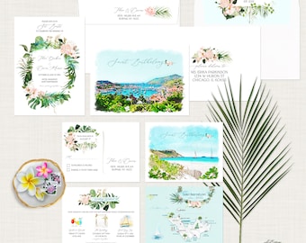 Saint Barthélemy St Barts Antilles Destination Wedding Invitation Caribbean Island Beach watercolor illustrated invitation - Deposit Payment