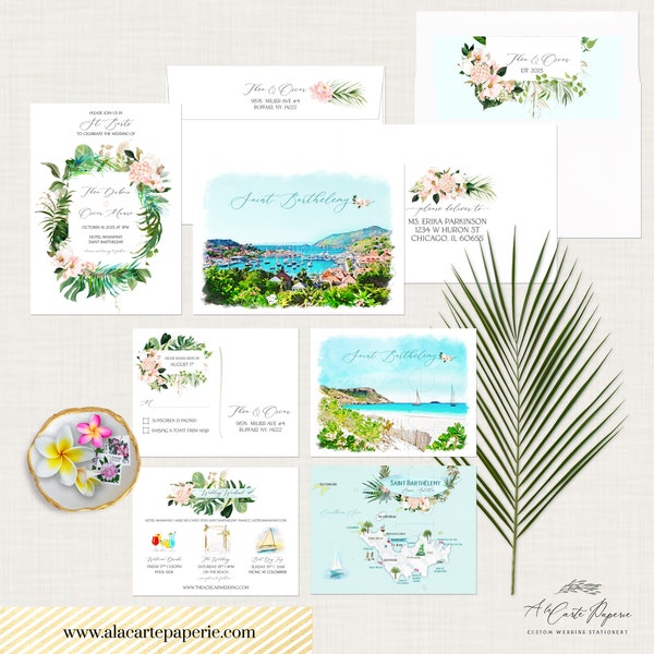 Saint Barthélemy St Barts Antilles Destination Wedding Invitation Caribbean Island Beach watercolor illustrated invitation - Deposit Payment