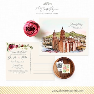 Zacatecas Mexico Hochzeit Save the date Postkarte Einladung Spanisch Mexikanisch illustriertes Blumenaquarell - Anzahlung