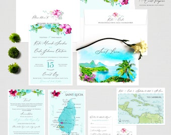 Destination Wedding Invitation Saint Lucia Caribbean island Beach wedding watercolor illustrated Wedding Turquoise - Deposit Payment