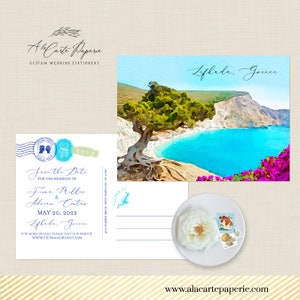 Convite para casamento em Lefkada, Grécia, destino de viagem, ilha grega, Europa, salve a data, cartão postal, convite ilustrado em aquarela - Pagamento de depósito