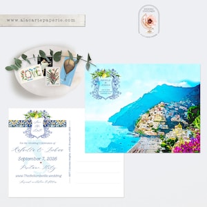 Positano Costa Amalfitana Itália Ilustrado Destino casamento Salve a Data Convite Cartão Postal Aquarela Desenho Ilustrado Depósito Pagamento