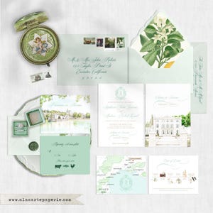Provence Sul França Chateau de Tourreau Conjunto de convites de casamento ilustrados em aquarela com destino Convites de casamento europeus Pagamento de depósito