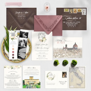 Florence Tuscany Italy Destination Wedding Invitation Neutral Earth tones florals Watercolor Illustrated Invitation Suite - Deposit Payment