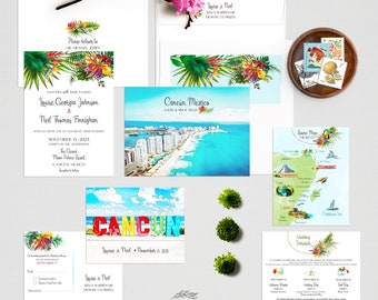 Cancun Mexico Riviera Maya Yucatan Destination Wedding Invitation with watercolor illustrations tropical beach wedding - Deposit Payment