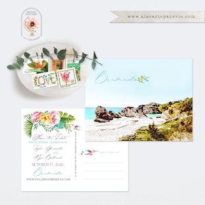 Bermuda Tropical Set Save the Date Cartões postais aquarela ilustrados convite de casamento de destino praia ilha caribenha - pagamento de depósito