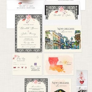 New Orleans Louisiana NOLA Destination wedding invitation USA NOLA French Quarter Jazz watercolor illustrated wedding invitation set image 3