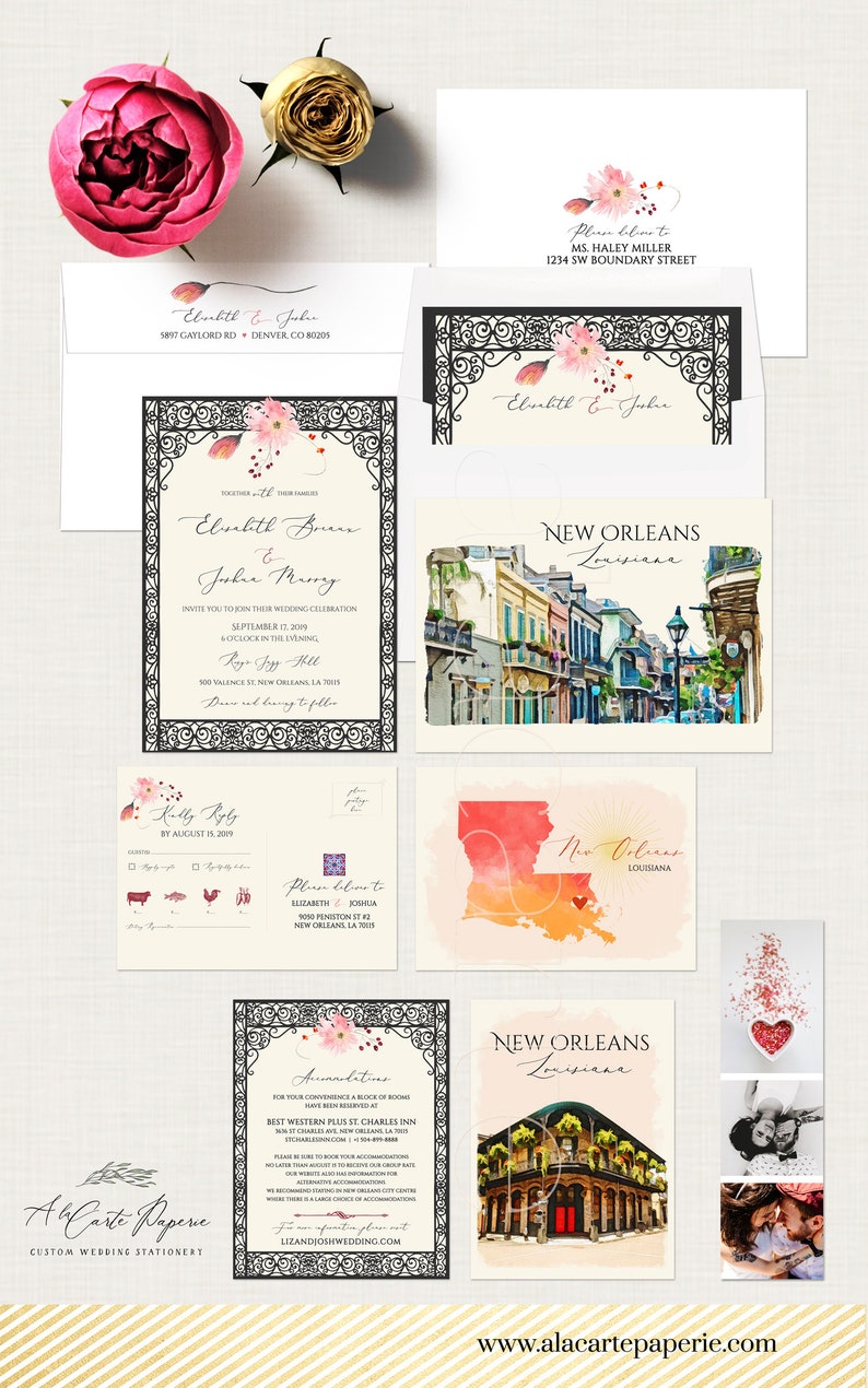 New Orleans Louisiana NOLA Destination wedding invitation USA NOLA French Quarter Jazz watercolor illustrated wedding invitation set image 3