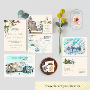 PRINTED Banff Canada Rocky Mountains Rockies Alberta Watercolor Illustrated Destination Wedding Invitation Winter Mountain - Deposit Payment