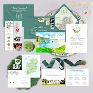 PRINTED Ireland Cliffs of Moher Lough Rynn Castle Irish Watercolor Illustrated European Destination Wedding Invitation Set - Deposit Payment