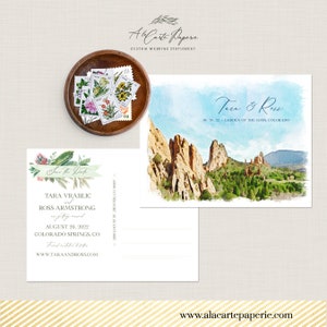 Garden of the Gods Colorado Springs EUA Convite para casamento no destino Cartão postal Save the Date Cartão de casamento ilustrado no deserto Depósito
