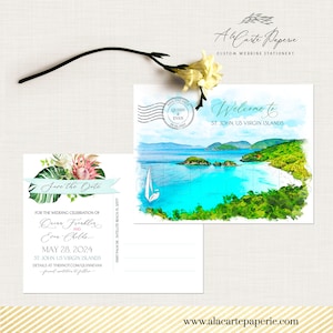 St John USVI Ilhas Virgens Reserve a data Destino Casamento Caribenho cartão de convite de casamento ilustrado em aquarela - Pagamento de depósito