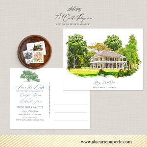 Mary Plantation Braithwaite LA Louisiane Destination mariage illustrations à l'aquarelle de carte postale Save the Date - Paiement de l'acompte