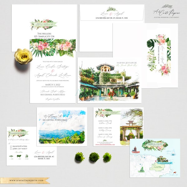 Puerto Rico Rio Grande Hacienda Siesta Alegre Destination Wedding Invitation Watercolor Illustrated PR Wedding Invite Suite Deposit Payment