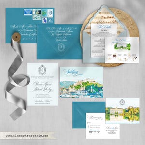 Salzburg Áustria Aquarela Ilustrada Convites de Casamento em Destino Europeu Schloss Leopoldskron Palace - Pagamento de Depósito