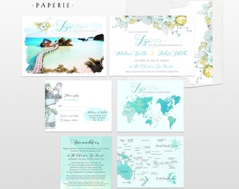 Destination wedding invitation Pacific Islands Oceania Fiji Tahiti Samoa Solomon Tonga Bora Bora illustrated wedding cards Deposit Payment