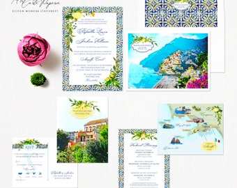 Amalfi Coast Italy Positano Watercolor Illustrated Destination Wedding Invitation Set Blue Tile Lemons Mediterranean wedding Deposit Payment