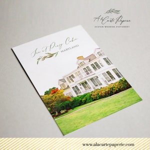 May include: A white card with a watercolor illustration of a large white house with green grass and colorful trees. The text "Inn at Perry Cabin MARYLAND" is at the top. The card also has the text "Al a Carte Paperie CUSTOM WEDDING STATIONERY".