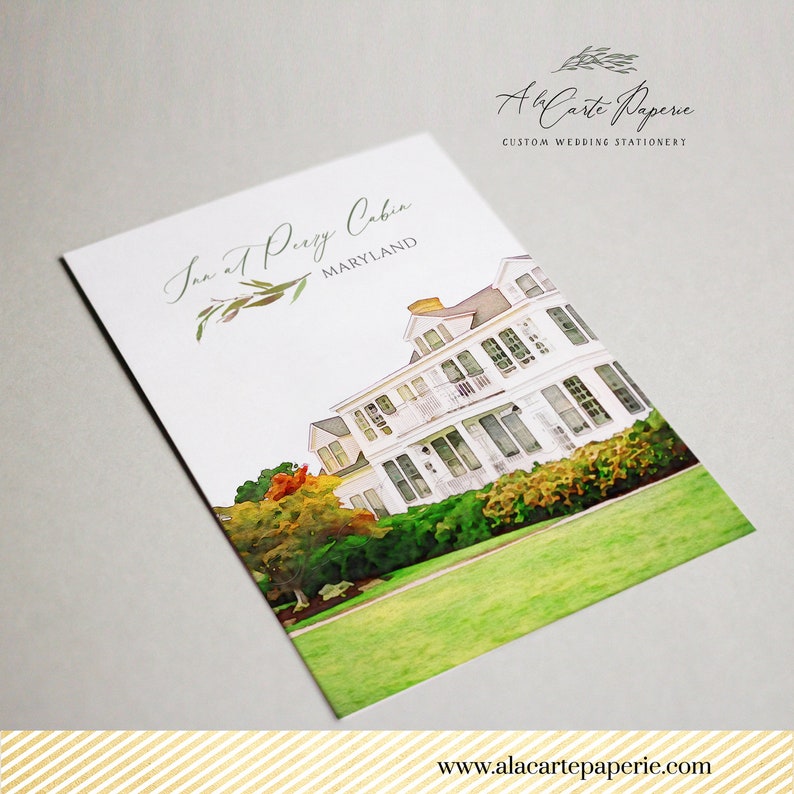 May include: A white card with a watercolor illustration of a large white house with green grass and colorful trees. The text "Inn at Perry Cabin MARYLAND" is at the top. The card also has the text "Al a Carte Paperie CUSTOM WEDDING STATIONERY".