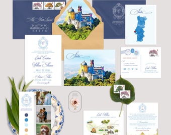 DEPOSIT for PRINTED Sintra Portugal Europe Destination wedding invitation Illustrated colourful watercolor illustrations