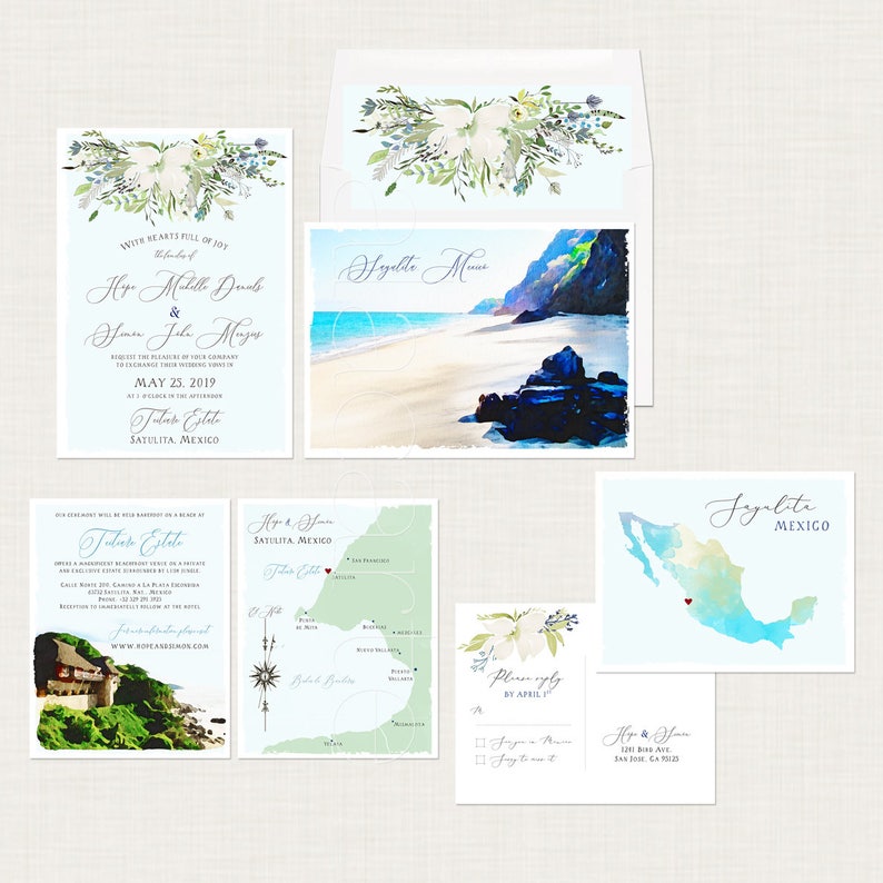 Deposit Payment Mexico Sayulita Destination wedding invitation Mexican illustrated watercolor floral blue green beach set