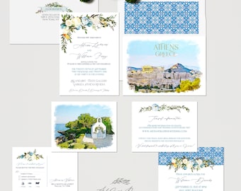 Athens Greece Destination Wedding Invitation Set Greek European Wedding Map Floral Watercolor Illustrated Invitation - Deposit Payment