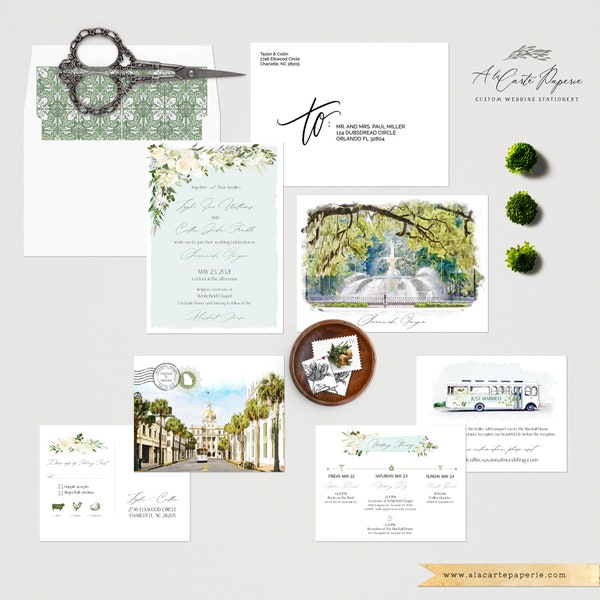 Savannah Georgia Oak Tree Spanish Moss Trolley Watercolor Illustrated Wedding Invitation Southern USA Destination Wedding - Deposit Payment