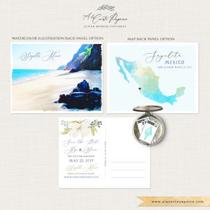 Convite de casamento ilustrado em aquarela na praia de Sayulita, destino do México, salve a data, cartão postal, depósito de pagamento de casamento mexicano