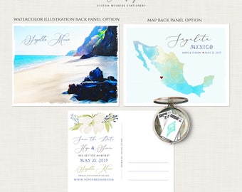 Mexico Destination wedding Sayulita beach watercolor illustrated wedding invitation Save the Date Postcard Mexican wedding Deposit Payment