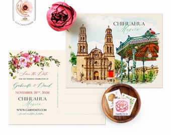 Chihuahua Mexico Destination Wedding save the date postcard Invitation Spanish Mexican illustrated floral watercolor - Deposit Payment