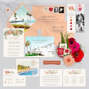 San Clemente CA California Destination Wedding Invitation Watercolor Illustrated Beach Ole Hanson Beach Club Invitation Set- Deposit Payment