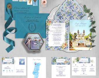 DEPOSIT for PRINTED Braga Portugal European Destination wedding invitation Watercolor Illustrated invitation