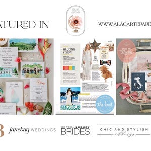 May include: A collage of wedding stationery featuring watercolor illustrations of landscapes and architecture, a magazine feature page titled Wedding Vision, and a silver tray displaying printed cards with a map of Italy, all surrounded by floral accents.