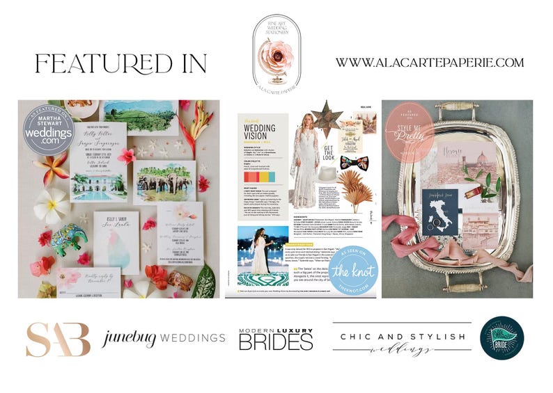 May include: A collage of wedding stationery featuring watercolor illustrations of landscapes and architecture, a magazine feature page titled Wedding Vision, and a silver tray displaying printed cards with a map of Italy, all surrounded by floral accents.